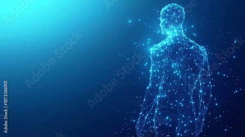 A futuristic digital illustration of a human figure made of glowing blue particles and lines on a dark blue background