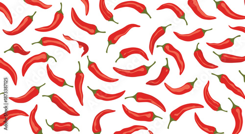 Seamless pattern background featuring a vibrant and scattered arrangement of fresh red hot chili peppers on a clean white backdrop.
