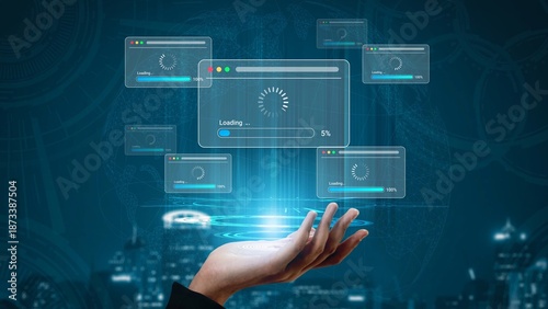 Cuadro en lienzo Futuristic Hand Displaying Digital Loading Icons with Progress Indicators Over a Modern Cityscape Background and Technology Concept Visuals Gluon