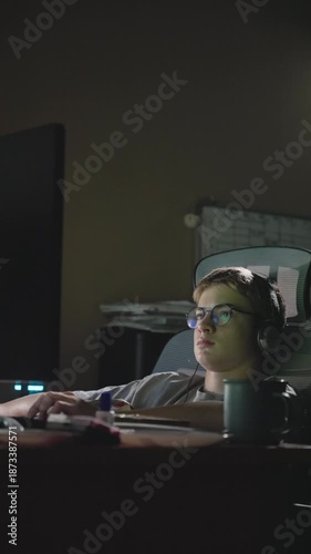 Lonely Teenager Gaming at Night in Dark Room. Vertical Moody Handheld Shot for Stories on Burnout and Digital Isolation.