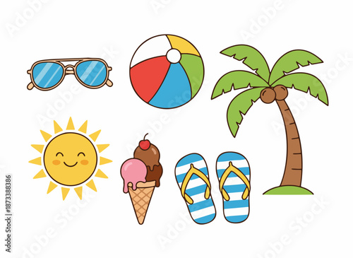 Clean vector illustration of summer vacation elements including sunglasses, beach ball