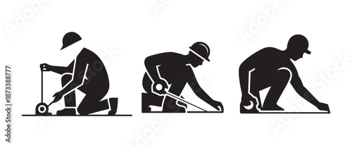 Construction Workers Measuring Ground Surface with Tape Measure Silhouettes