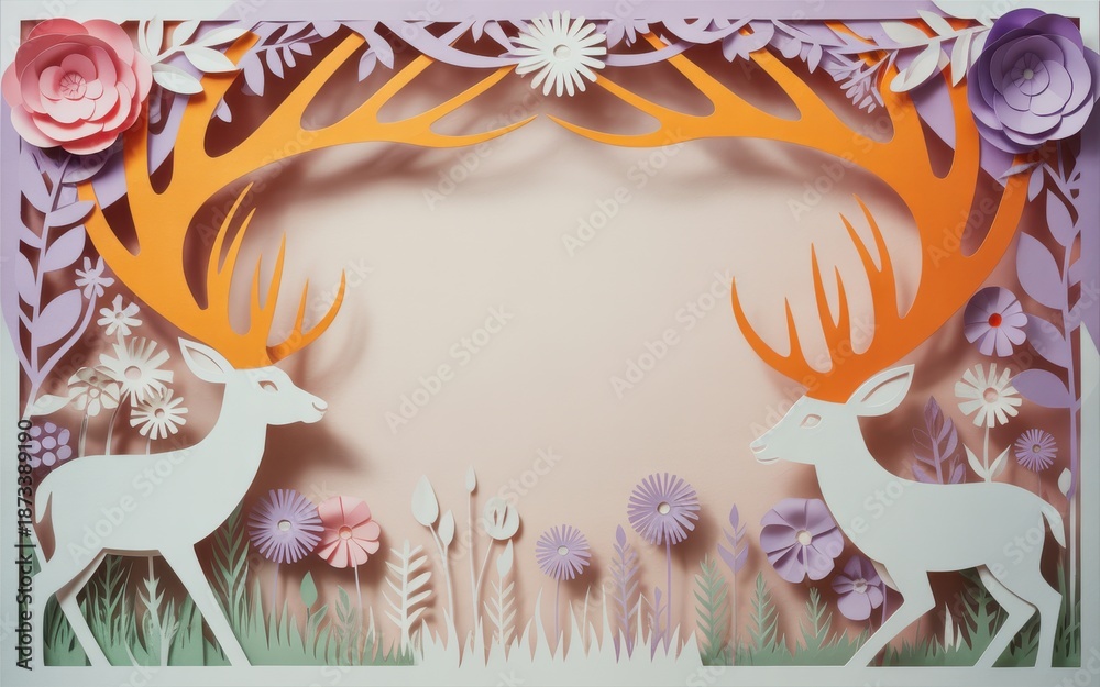 Naklejka premium Two white deer surrounded by vibrant flowers and foliage in a paper art scene with orange antlers