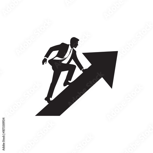Businessman silhouette running up a rising arrow for career growth and success concept