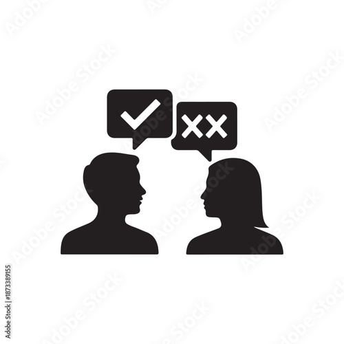Man and woman silhouette in an argument with check and cross marks speech bubbles