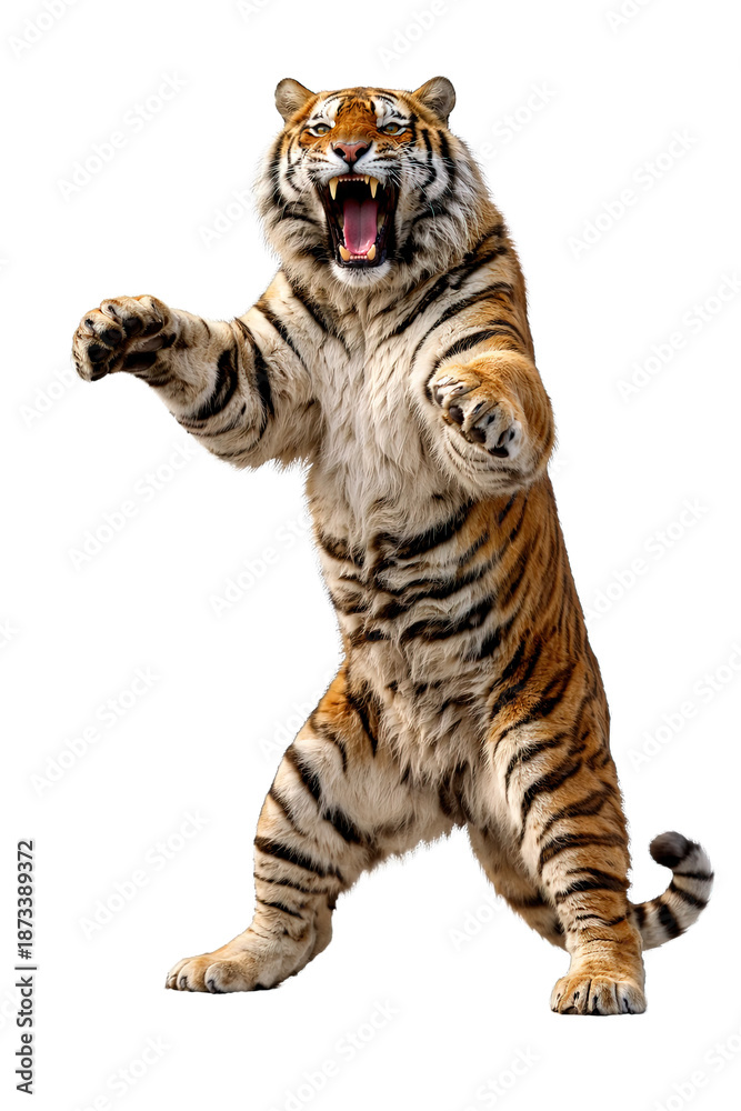Obraz premium Roaring tiger standing aggressively isolated on transparent background, generative ai