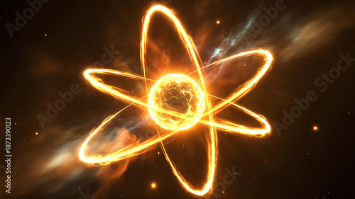 Glowing atomic structure showing nucleus and electron orbits for physics and energy science