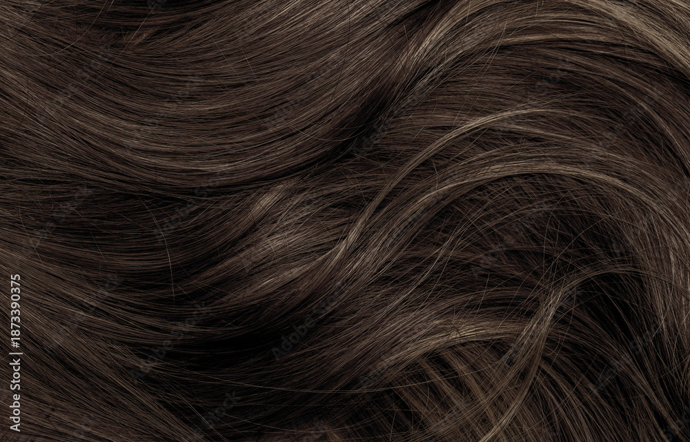 Naklejka premium Brown hair close-up as a background. Women's long brown hair. Beautifully styled wavy shiny curls. Hair coloring. Hairdressing procedures, extension.