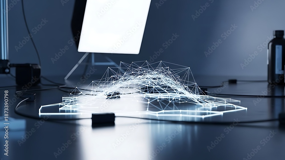 A bright light shines on a tangled wire on a dark desk with various objects around it from a straight viewpoint