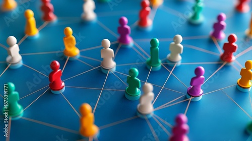 A close-up view of a network of colorful game pieces connected by lines on a blue surface