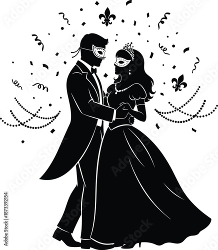 Mardi Gras Masquerade Ball Illustration, Silhouette, Vector, Line Art