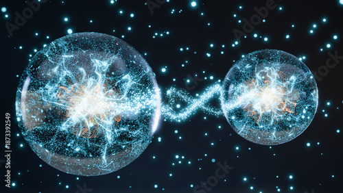 Futuristic 3D Animation of Two Glowing Quantum Spheres Connecting Through Dynamic Particles, Illustrating Quantum Entanglement, Atomic Structure, Energy Flow, Photon Motion, Molecular Orbit, 3d render