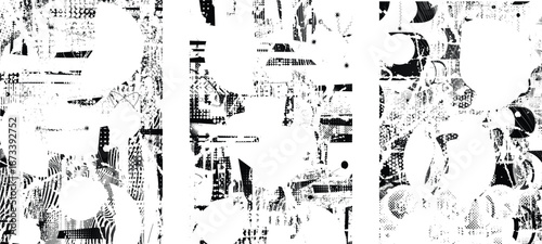 Glitch distorted geometric shape . Noise destroyed logo . Trendy cyber punk poster . Glitched frame .Grunge textured . Distressed effect .Vector shapes with a halftone dots screen print texture.