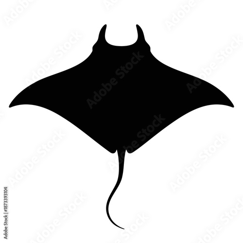 A large black manta ray swims through the ocean waters gracefully alone.