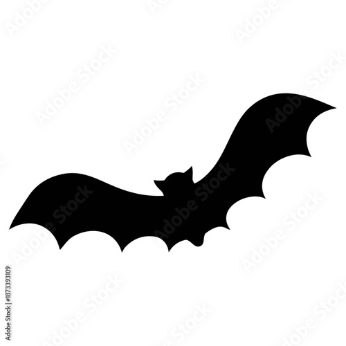A black silhouette of a flying nocturnal mammal spreads its wings in the air.