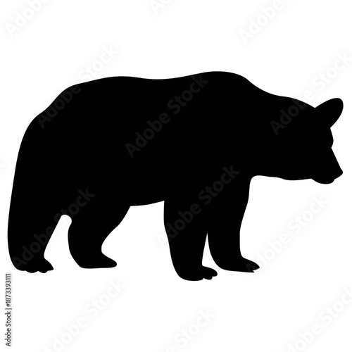 A large black bear silhouette walks slowly through a natural forest landscape.