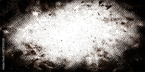 Abstract black and white grunge background featuring a halftone dot pattern and circular vector elements on a textured digital grid backdrop with copy space for artistic wallpaper design