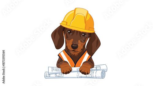 Adorable dachshund puppy wearing a yellow construction hard hat and an orange safety vest, peeking over rolled-up blueprints.