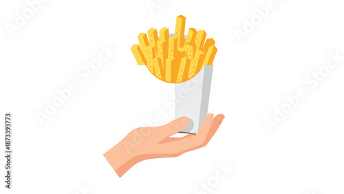 Hand gently holding a white carton filled with perfectly golden and crispy french fries, ready for a satisfying snack.