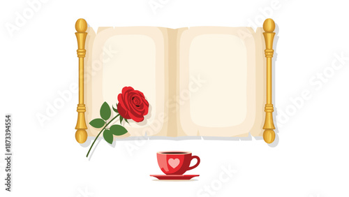 Elegant open scroll with space for text, adorned by a single red rose and a heart-decorated coffee cup, ideal for romantic messages.