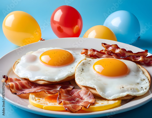 Surreal Breakfast Plate with Eggs and Colorful Balloons on Blue Surface