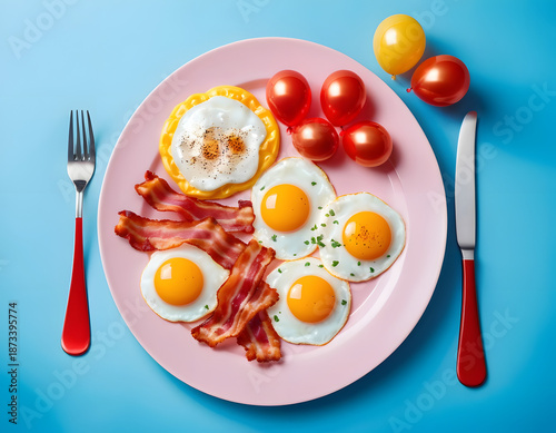 Flat Lay of Surreal Breakfast Plate with Eggs and Red Balloons on Pink Table