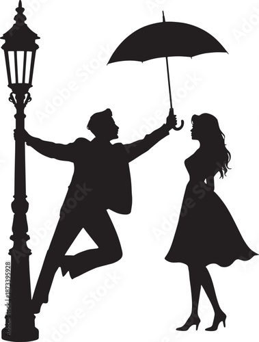 Romantic Couple Silhouette Dancing Under Umbrella by Lamp Post Vector Illustration
