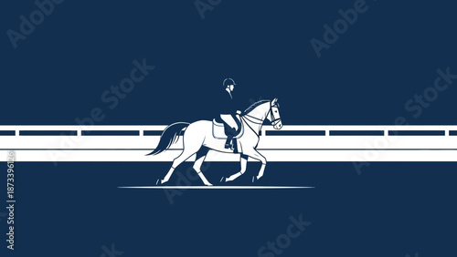 Equestrian riding a white horse in an arena viewed from the side
