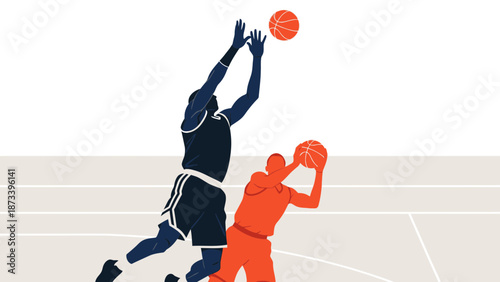 Basketball players competing intensely on an indoor court with one player jumping to shoot the ball.