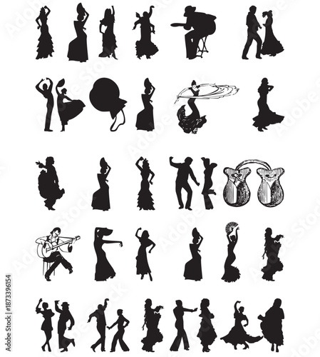 Collection of passionate flamenco dancers and musicians in expressive silhouette forms