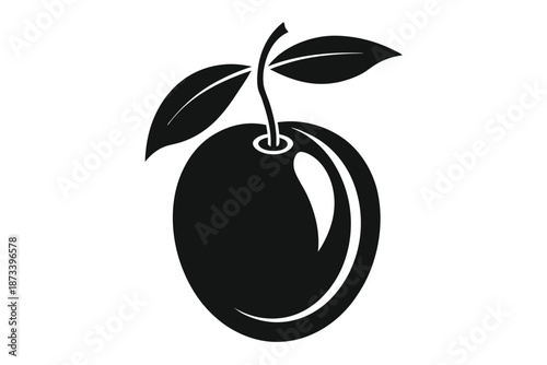 Black and White Plum Fruit Silhouette, Minimalist Botanical Illustration for Culinary Layouts