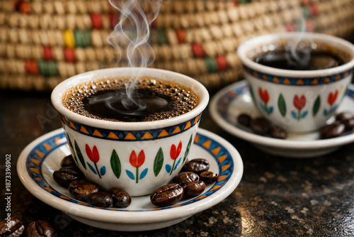 Ethiopian coffee served in small porcelain sini cups