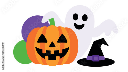 A cartoon ghost and jack-o-lantern in a festive Halloween scene together