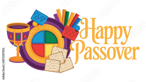 A colorful illustration celebrating the Jewish holiday of Passover with traditional symbols.