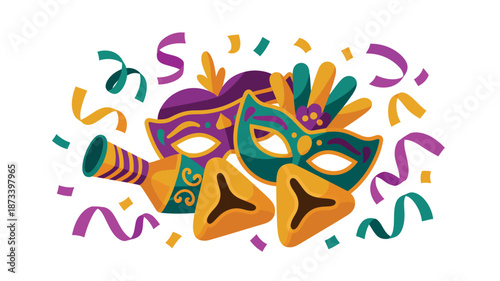 A colorful illustration of Mardi Gras masks and party decorations on a white background