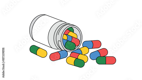 A cartoon illustration of colorful pills spilling out of a bottle