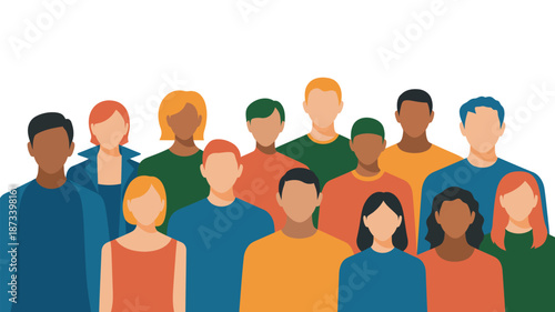 A diverse group of people standing together in a colorful illustration