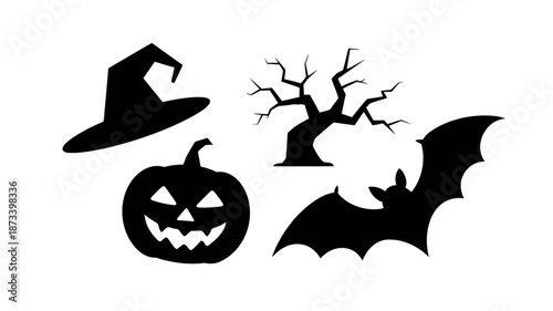 A set of Halloween icons including a witch hat, pumpkin, tree, and bat