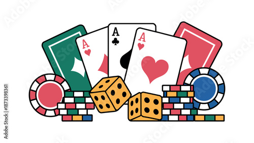 A colorful illustration of poker cards, dice, and casino chips on a white background