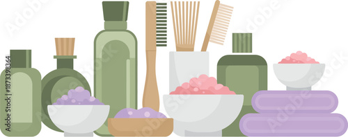 An assortment of green and purple bath and body products on display