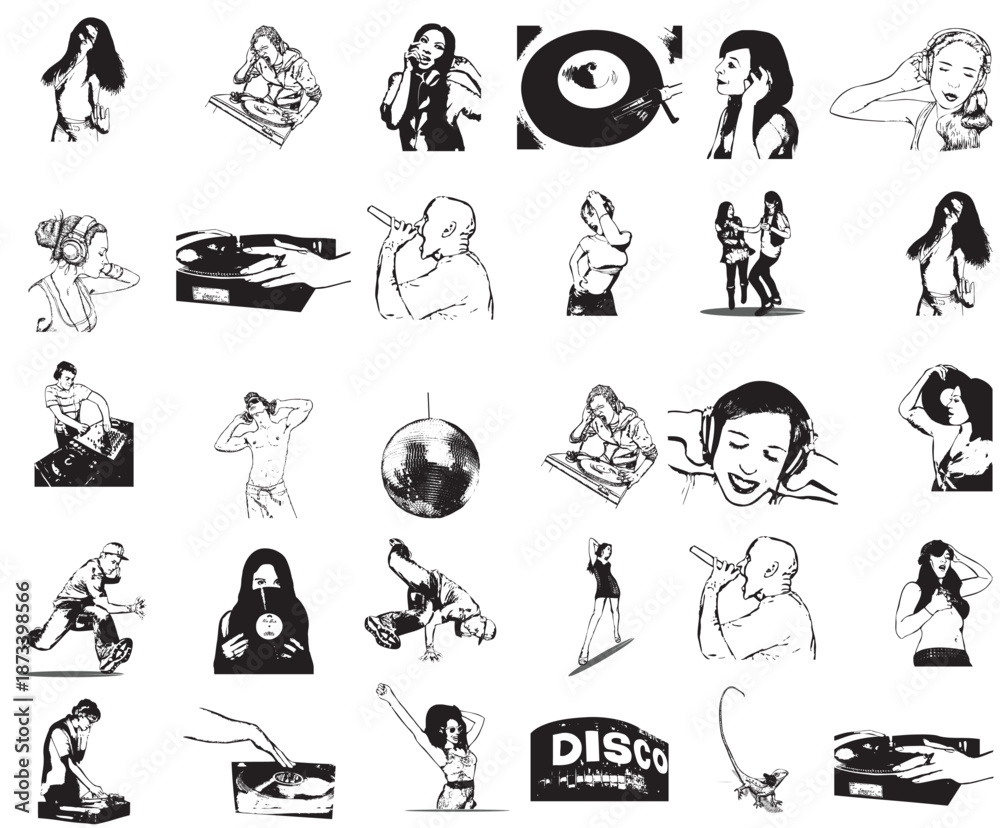 Obraz premium This image presents a comprehensive array of black and white illustrations, rendered in a distinct distressed .The collection vividly portrays various facets of music