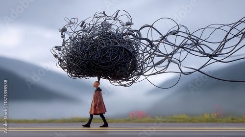 Person walking down a road dragging a massive chaotic tangle of black wires attached to their head obsessive compulsive disorder intrusive thoughts heavy burden misty landscape conceptual narrative