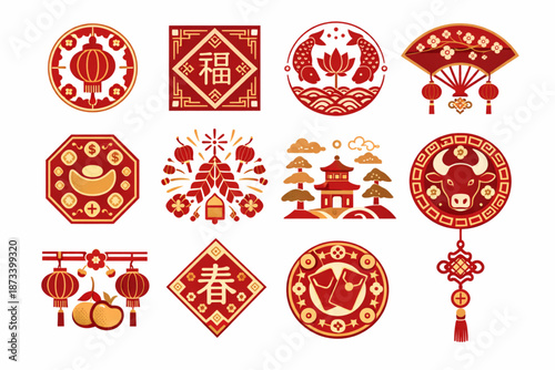 Chinese New Year Icon Set Focused on Symbolic Festival Geometry and Layouts Flat Design