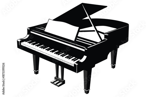 Simple black and white piano silhouette, isolated on white background