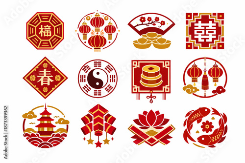 Chinese New Year Icon Set Focused on Symbolic Festival Geometry and Layouts Flat Design