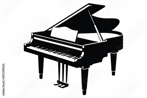 A classic grand piano silhouette, rendered in striking black and white