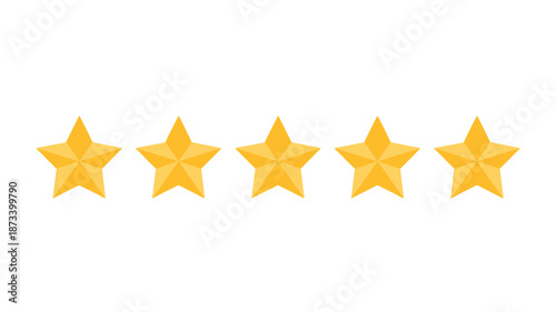 Five gold stars in a row on white background in bright studio lighting for customer review
