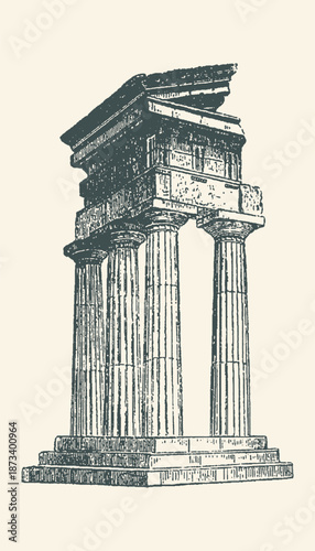 Ancient Greek Temple Ruins Illustration Featuring Classical Columns and Entablature