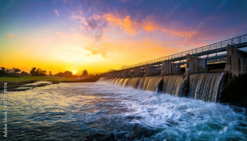 Obraz premium Scenic dam with cascading water at sunset, creating a vibrant landscape.