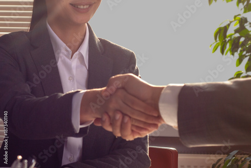 businessman and businesswoman handshaking